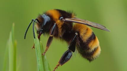 A fuzzy bumblebee delicately grips a grass blade, its black and yellow stripes vibrantly displayed.