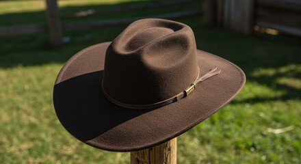 Brown Cowboy Hat on Fence Post - A dark brown cowboy hat sits on a wooden fence post outdoors in sunlight. Classic western