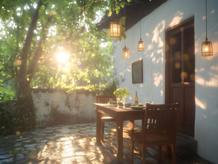 Romantic sunset dinner on a patio, near a rustic white house, surrounded by lush greenery. Ideal for travel, hospitality, and lifestyle publications
