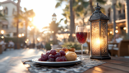 Romantic sunset dinner for two at an outdoor cafe, featuring red wine, grapes, and bread, with a blurred city background ideal for travel blogs and restaurant websites