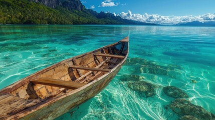 Obraz premium Beautiful landscape of a tropical island. the sky is blue with white clouds scattered across it. the water is a vibrant turquoise color and is crystal clear.
