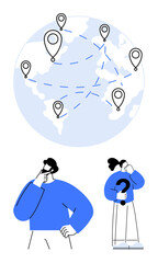 Globe with location pins connected by lines representing global interaction. Two puzzled characters convey strategic thinking, problem-solving, innovation, and decision-making. Ideal for teamwork