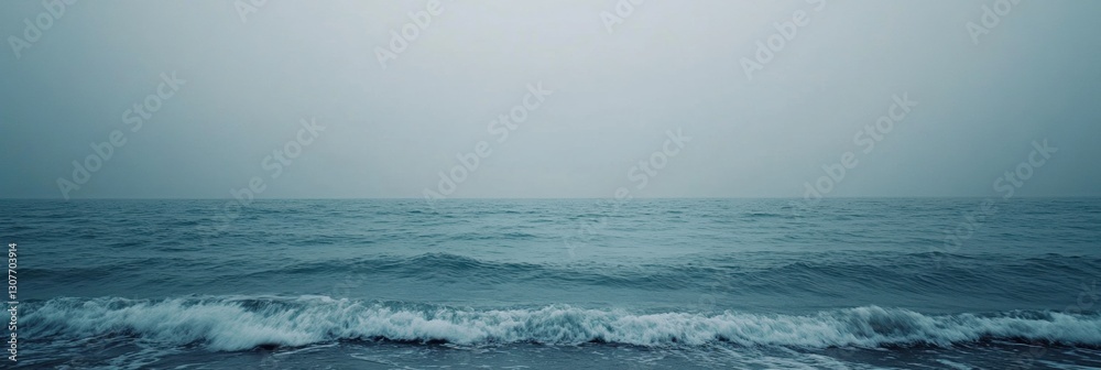 Poster Lonely seashore under an overcast sky with gentle waves and open space for text Generative AI