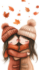 Two cute cartoon girls hugging each other
