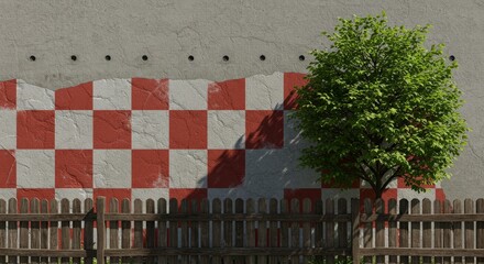 Checkered Wall Fence Tree - A small tree stands beside a wooden fence in front of a wall with a red and white checkered pattern