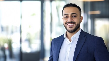 Fototapeta premium A confident, smiling Arabic businessman in a formal jacket, looking directly at the camera for his corporate profile.
