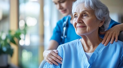 A professional nurse or caregiver offers reassuring support to an elderly woman sitting comfortably in a chair.
