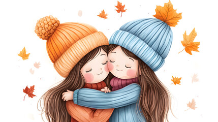 Two cute cartoon girls hugging each other
