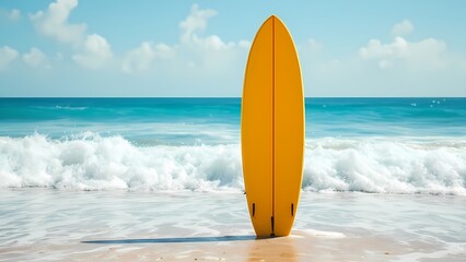 A bright yellow surfboard stands upright on a sandy beach with gentle waves rolling in under a clear blue sky, evoking a sense of summer vacation and coastal relaxation.