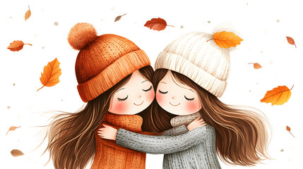 Two cute cartoon girls hugging each other
