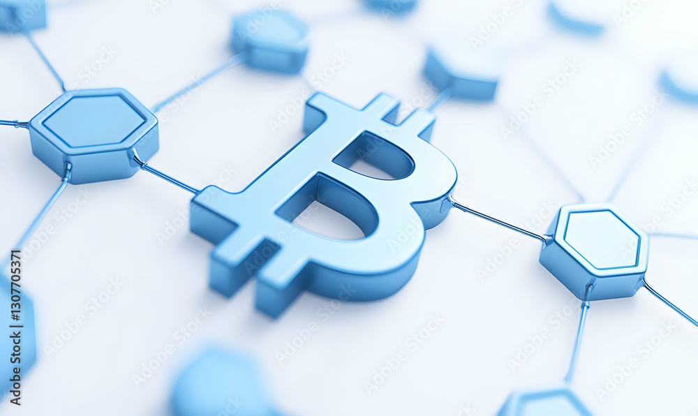 Poster bitcoin symbol in 3d with network connections and nodes