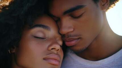 Obraz premium Close-up portrait of young african couple embracing tenderly outdoors