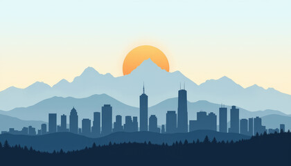 City silhouette against mountains at dawn, serene beginnings