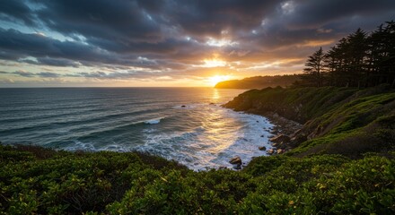 Fototapeta premium Coastal Sunset Serenity - Breathtaking sunset over a dramatic coastline, waves crashing on rocks, lush green cliffs. Peaceful ocean view