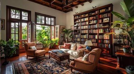 Fototapeta premium A beautiful, well-lit living room with rich wooden bookshelves filled to the brim and numerous plants in large pots on shelves