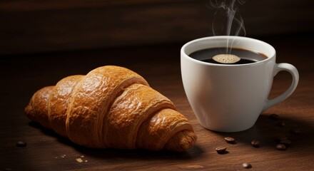 Coffee and Croissant Breakfast Delight - Warm croissant and steaming cup of coffee on dark wood, perfect for breakfast