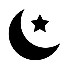 Crescent moon icon with stars on white background.