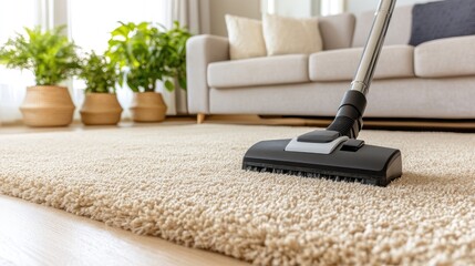 A vacuum cleaner is actively cleaning a light-colored rug in a comfortable living room filled with natural light. The soft sofa and indoor plants enhance the inviting atmosphere.