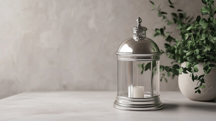 A silver lantern with its lid slightly ajar, placed elegantly to cast subtle, ambient light and evoke mysterious allure.