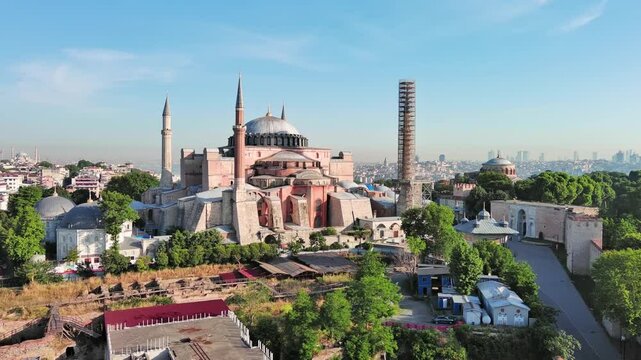 Istanbul, Turkey: Aerial view of largest Turkish city, famous historic landmark and museum Topkapi Palace (Topkapı Sarayı), sunny summer day - landscape panorama of Europe / Asia from above
