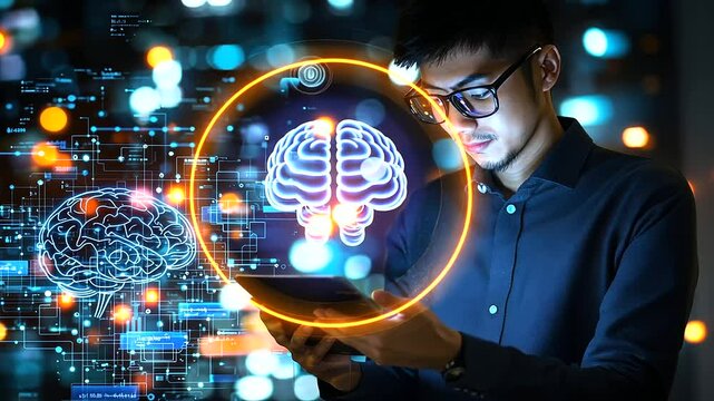 Expert orchestrating AI and IoT integration in a cutting-edge digital workspace.