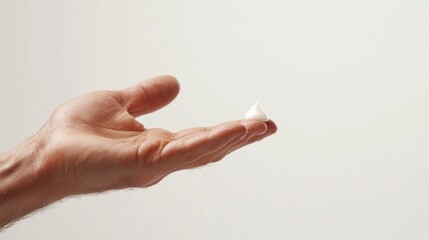 Caucasian male hand holding skincare cream against neutral background