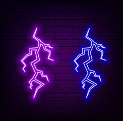Neon lightning battery bolt and thunder isolated glowing sign . Symbol of energy ,power, charge and discharge icon