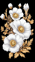 Elegant White Poppies Botanical Illustration, for textile or wallpaper design