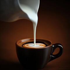 Cream gracefully poured into a dark coffee cup, creating art.