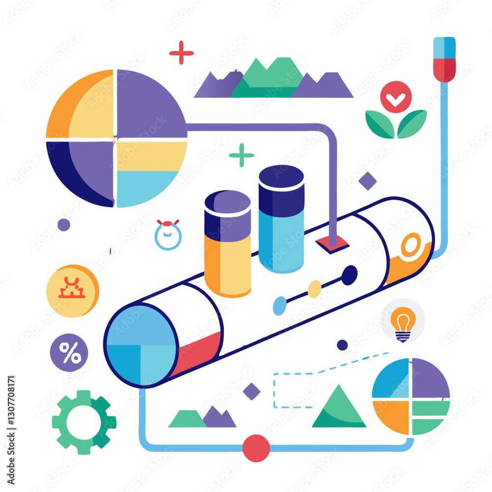 Poster a colorful visual interpretation illustrates the transformation of raw data into organized charts an