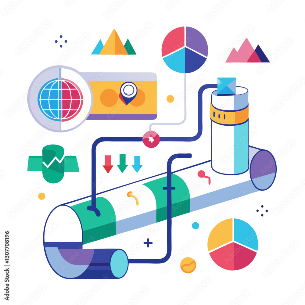 Poster this illustration depicts a data pipeline system processing raw data into visual formats like charts