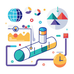 Naklejka premium A visual representation illustrates the transformation of raw data into clear visuals, featuring charts, graphs, a globe, and tools. This emphasizes data analysis and visualization techniques