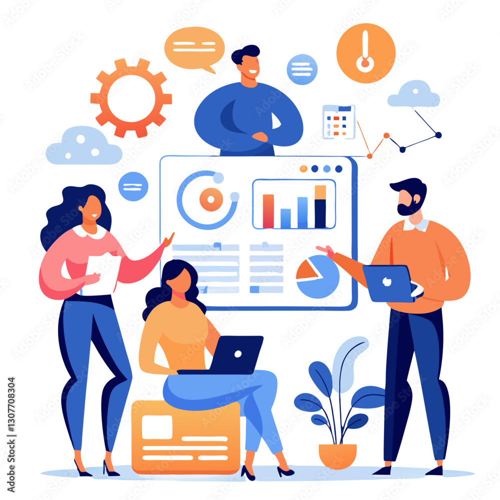 Poster a dynamic customer support team engages in collaborative discussions using laptops and digital resou