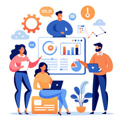 A dynamic customer support team engages in collaborative discussions using laptops and digital resources, focusing on improving service efficiency and client interaction
