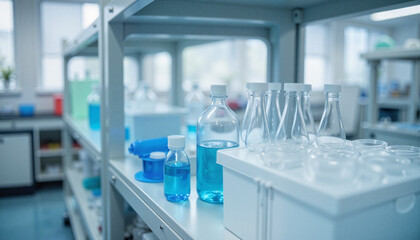 Laboratory setup with glassware and blue liquids, scientific exploration