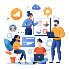 In a vibrant office environment, a diverse team engages in a digital collaboration, helping customers while discussing strategies using various devices