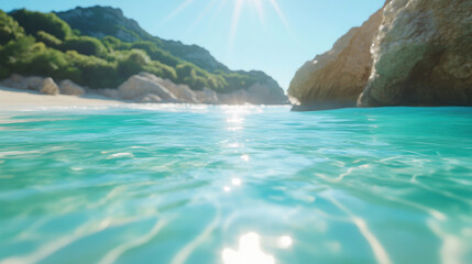 Fototapeta premium Enchanting beach vacation scene with sunlit waves and coastal serenity