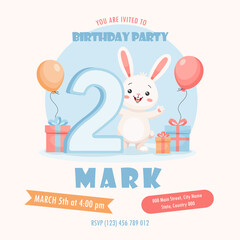 Adorable 2nd birthday party invitation featuring a cheerful bunny, balloons, and gift boxes in a soft pastel color palette. Perfect for children's celebrations, baby showers, and printable party invit