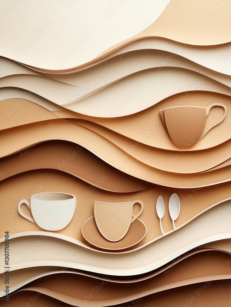 Aufkleber warm layered paper art featuring coffee cups and utensils creates a cozy atmosphere for any café or 
