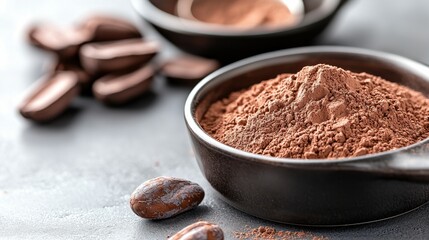 Delicious cocoa powder in a bowl with cocoa beans beside it.