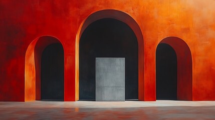 Moody grey block stands subtly beneath vibrant red arches. AI Generated