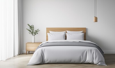 Cozy minimalist bedroom with soft bedding and warm lighting for a serene atmosphere