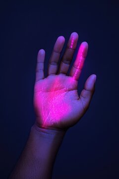 Glowing Neon Pink Hand in Dark Background with Futuristic Digital Overlay
