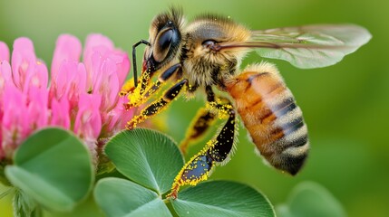 A honey bee gathers pollen from a pink clover blossom, showcasing its vital role in pollination.