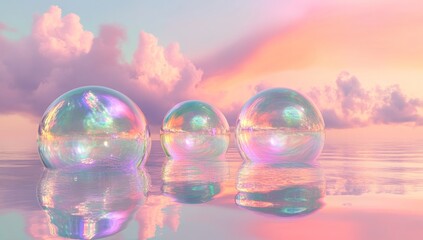 Three iridescent soap bubbles resting on a calm, water surface reflecting a pastel sunset sky with fluffy clouds.