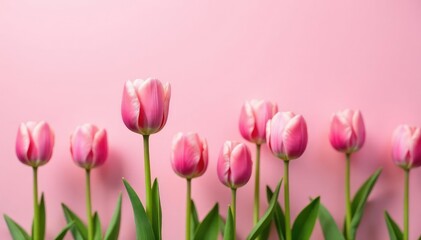 Fototapeta premium Soft pink tulips bloom in a serene field on a pale pink background, blossom, flowers