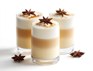Three layered creamy dessert drinks topped with star anise and cinnamon.