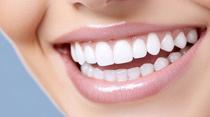 Fototapeta premium A close-up captures a woman's bright smile with white teeth and smooth lips, highlighting dental health in a soft blue backdrop