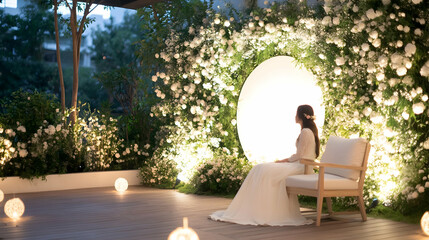Serene bride awaits, illuminated outdoor wedding ceremony, floral backdrop, romantic evening. Perfect for wedding announcements, invitations, or articles on romantic outdoor weddings