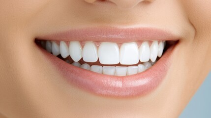 Obraz premium A close-up captures a woman's bright smile with white teeth and smooth lips, highlighting dental health in a soft blue backdrop